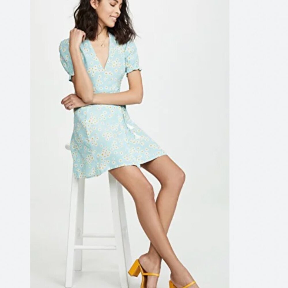 FAITHFULL THE BRAND MIRA BLUE DAISY FLORAL PRINT WRAP TASSEL DRESS - M